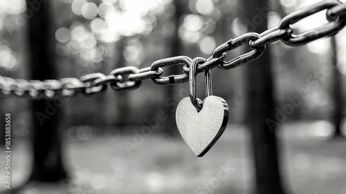 Metal heart lock hanging from a chain on a bridge in black and white, symbolizing love and commitment in an urban park