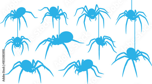 Blue spider silhouette vector set with hanging and crawling poses for Halloween, arachnid, and nature-themed illustration use.