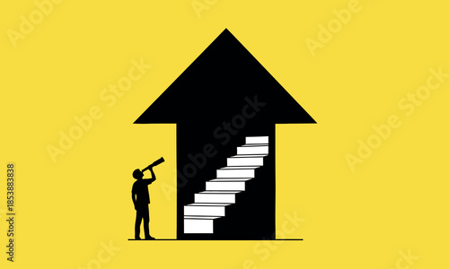 A symbolic representation of ambition progress and strategic vision with stairs and a telescope high quality