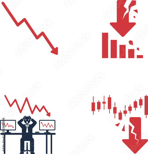 A collection of four icons illustrating financial market downturns, economic crises, and investor stress.