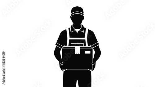Silhouette of a delivery worker wearing a cap and overalls carefully holding a package or carton