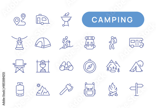 Collection of camping icon. Containing Camp, tent, nature, picnic table, forest, campfire, hiking icons.