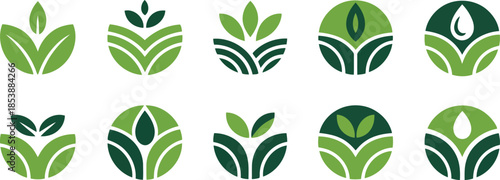 A compilation of ten stylized green leaf and plant icons representing natural growth and fresh produce