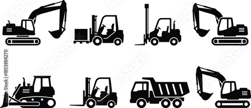 Heavy construction machinery silhouettes set featuring excavators, forklifts, bulldozer, and dump truck icons for industrial, building, and logistics design projects