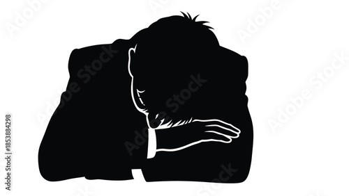 Silhouette illustration of businessman deeply upset resting his head heavily upon his folded arms