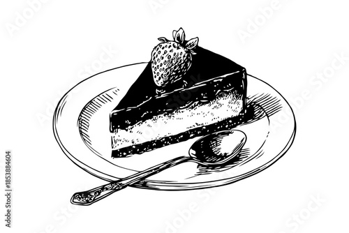 A slice of layered cake with a strawberry on top, sketched in hand-drawn style on white background, concept of dessert and sweet food