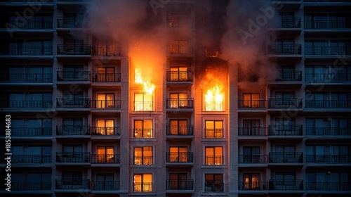Burning apartment building with flames and smoke billowing from the windows at night.