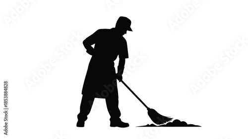 Tired janitor sweeping floor during cleaning work silhouette