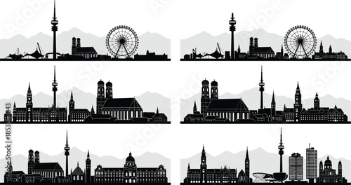 Munich Germany city skyline silhouette set with famous landmarks, European urban architecture travel icons, black vector panorama on white background,