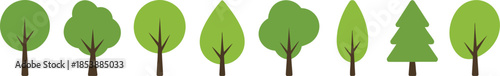 A diverse group of stylized green trees with varying shapes and brown trunks on a white field