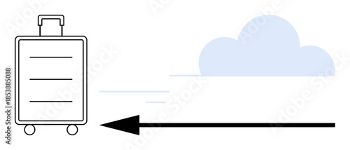 Travel concept. Travel ed by a rolling suitcase, motion arrow, and cloud indicating journey. Travel and motion vacations, business trips, tourism, and mobility. For travel planning transportation