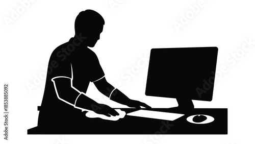 Silhouette of a person wearing gloves diligently cleaning a computer workstation with a white cloth