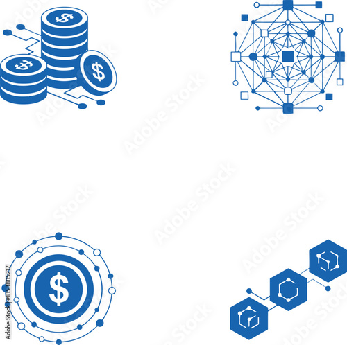 Blue vector icons illustrating digital finance, cryptocurrency, blockchain technology, and decentralized networks.