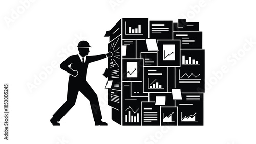 Businessman struggling to manage complex data wall and information overload silhouette