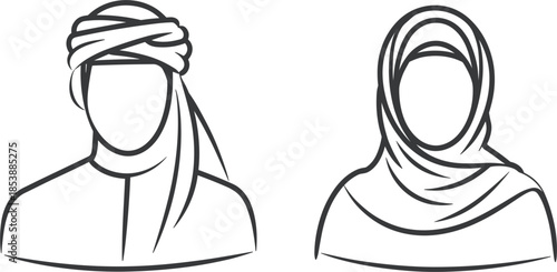 Arabic Man And Woman Icons With Traditional Headwear On White Background vector illustration