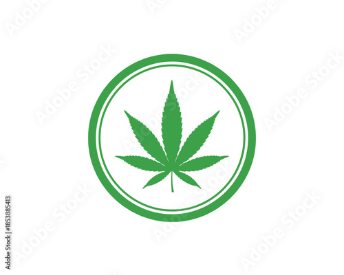 A simple green circular emblem showcasing a prominent cannabis leaf design in the center high quality