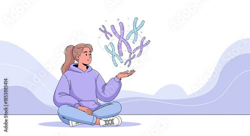 Woman's connection to genetics represented by floating chromosomes and modern art design