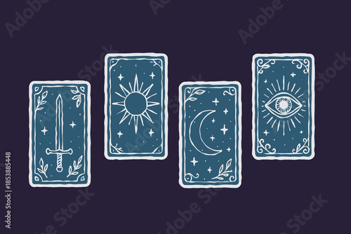 Tarot card silhouette doodle, magic fantasy game border set vector hand drawn spiritual sign occult print. Vintage astrology witchcraft deck template illustration