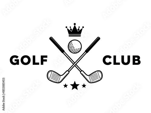 a black and white graphic depicting a golf ball and clubs with text and stars