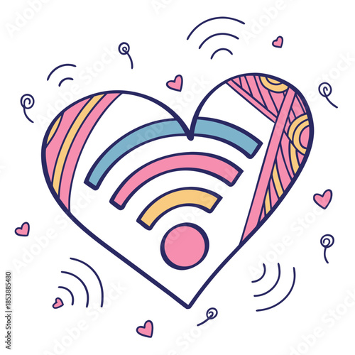 Cute hand drawn heart with wi fi signal doodle illustration