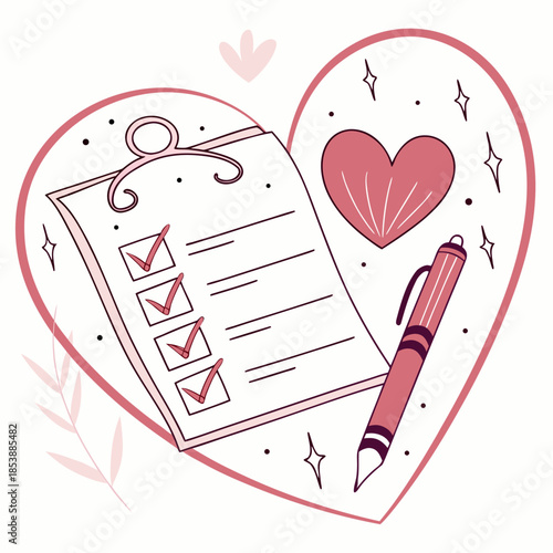 Self care checklist with heart and pen illustration