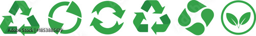 A horizontal collection of six green recycling symbols showcasing various designs for environmental sustainability