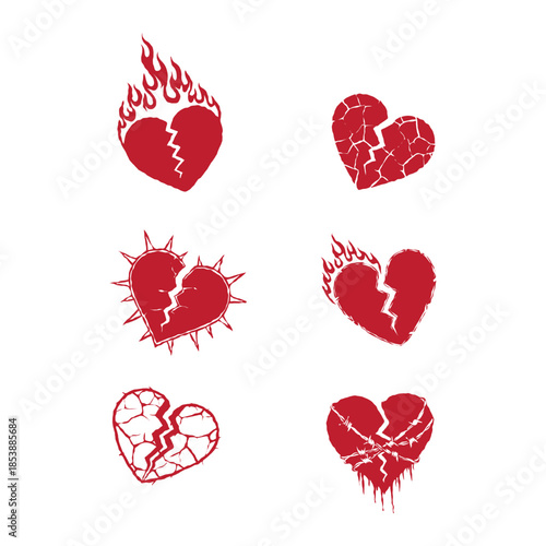 Set of broken heart tattoo gothic, vector red love sign rock sticker collection, cracked grunge shapes, flame. Emo romance trendy print, y2k graffiti 90s art design illustration