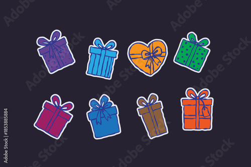 Colorful gift box doodle icon hand drawn set collection sticker print vector illustration Valentine, birthday heart box. Romantic surprise celebration wrapping paper, ribbon bow design