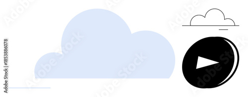 Cloud computing, digital storage, media streaming, network access, online services, internet technology. Light blue cloud with a black play button. Cloud computing and media streaming concept