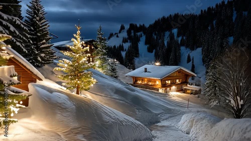 Snow falls on wooden cabin surrounded by pine trees at night in mountain area with glowing lights and winter scenery