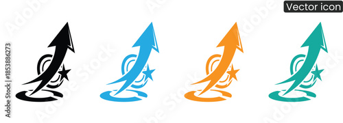 Set of modern vector icons featuring upward arrows with star and swirl elements in various colors, symbolizing growth, success, and progress