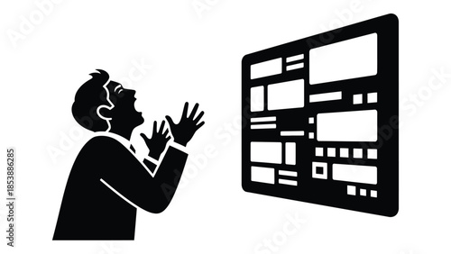 Frustrated man reacting emotionally to complex computer data and information silhouette