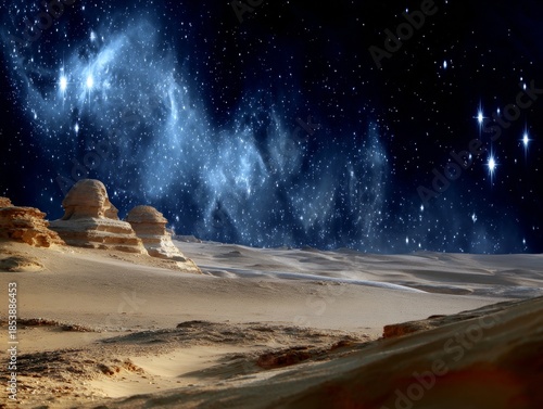 Night sky over desert landscape with rock formations and milky way