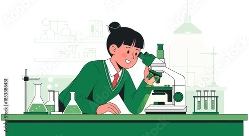 Illustration of a smiling student in laboratory setting, examining a slide under a microscope