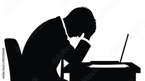 Silhouette of stressed businessman sitting defeated at desk with laptop experiencing intense work pressure