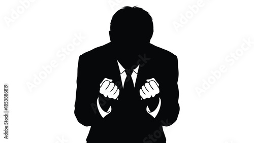 Silhouette of a frustrated businessman in a suit showing clenched fists against a white background