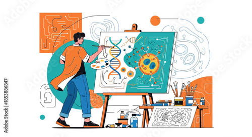 Illustrative depiction of an artist painting a vibrant tableau of science and technology concepts