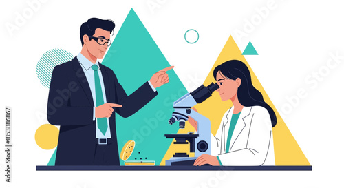 Illustrative portrayal of a female researcher using a microscope with her supervisor providing