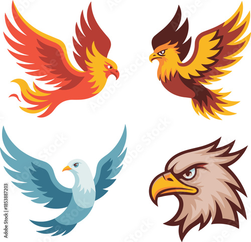 Majestic flying phoenix fire bird eagle head and soaring blue dove vector mascot set.