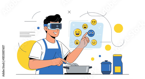 Innovative cooking experience: Man using VR glasses to enhance culinary skills at home