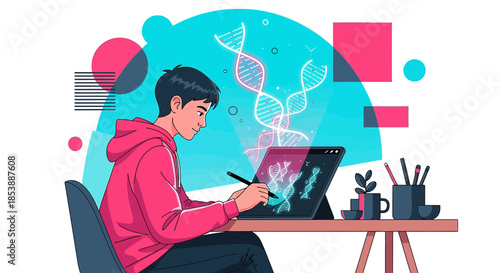 Innovative biotechnology designer working on dna illustrations with a digital tablet workstation