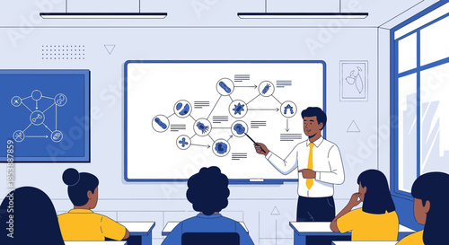 Instructor Explaining Biological Process Chart to Students in a Classroom Setting