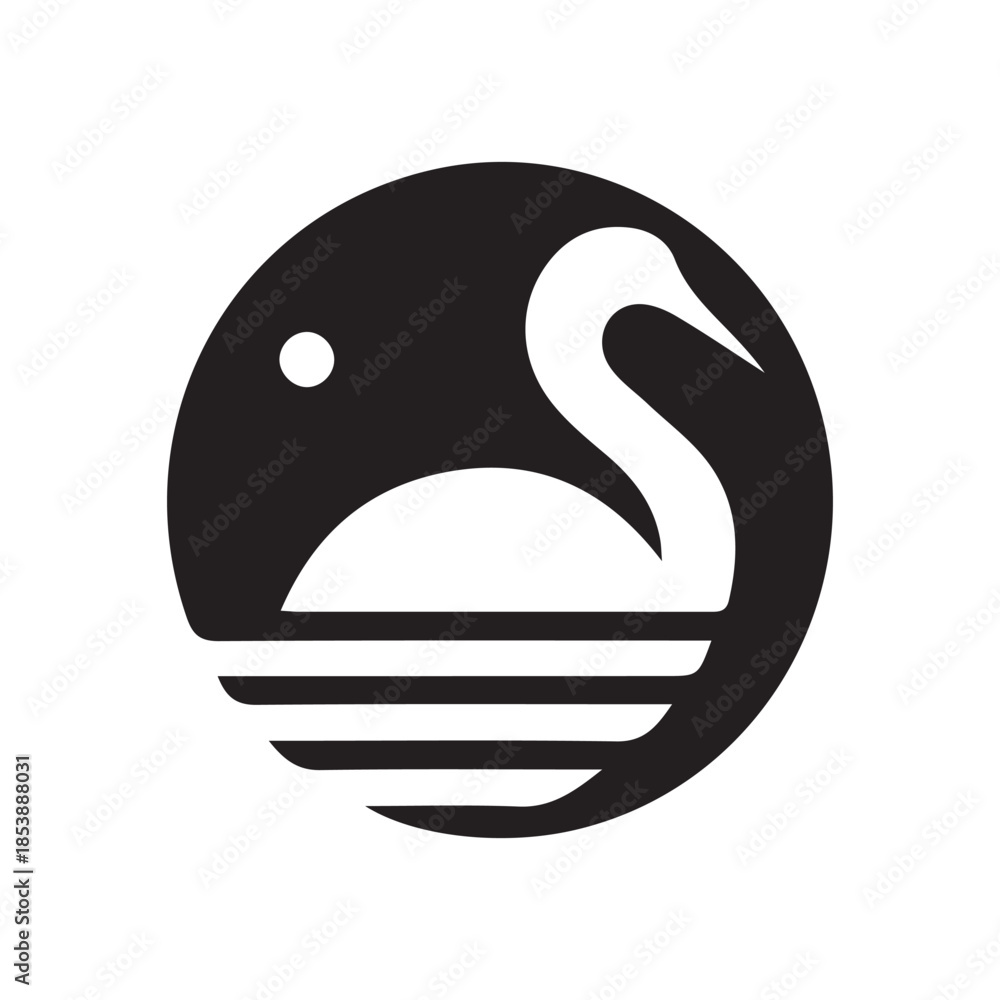 Naklejka premium Minimalist white stork silhouette within a black circular logo design
