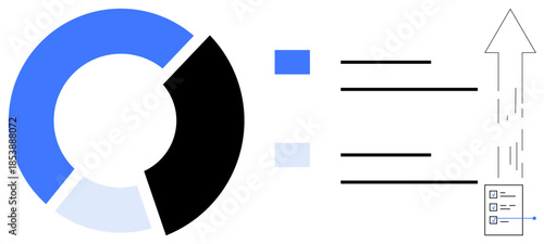 Data analysis, business growth, financial planning, performance tracking, visual communication, strategic development. A pie chart with colors and an upward arrow. Data analysis and business growth