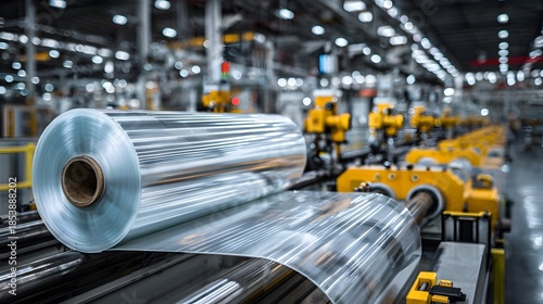 Large roll of clear plastic film sits on an industrial machine in a clean manufacturing environment illuminated by bright factory lighting.