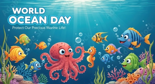 Celebration of World Ocean Day with Whimsical Marine Creatures and Lively Atmosphere