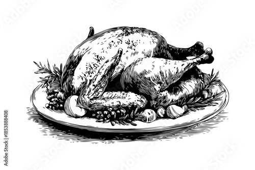 Whole roasted turkey on platter with herbs and vegetables in engraving style on white background. Concept of festive holiday meal