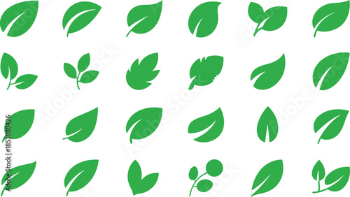 A variety of vibrant green leaf icons showcasing natural plant elements on a pristine white background