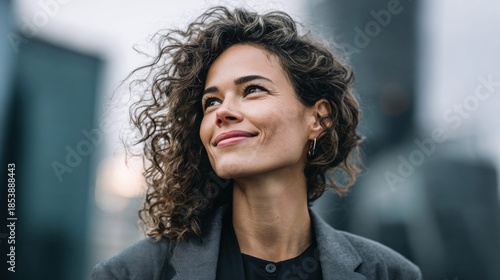 Smiling woman with curly hair looking up in a city setting