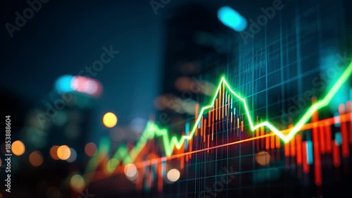 Financial Growth in a Modern City: A dynamic graphic visualization of stock market data, illustrating financial trends with an upward trajectory, set against a blurred urban skyline.